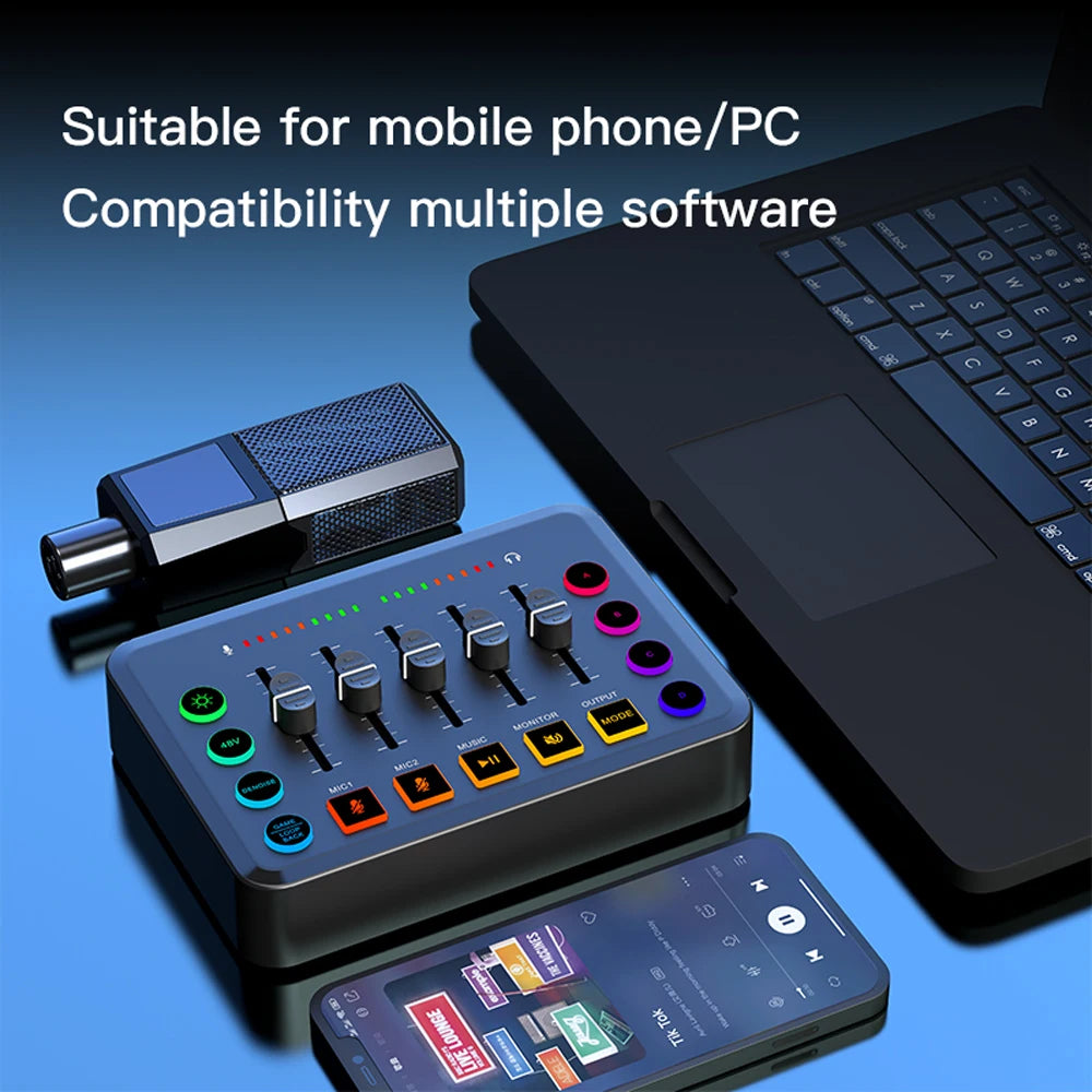 5-Channel RGB Gaming Audio Mixer with XLR Microphone Interface for Live Streaming and Podcasting