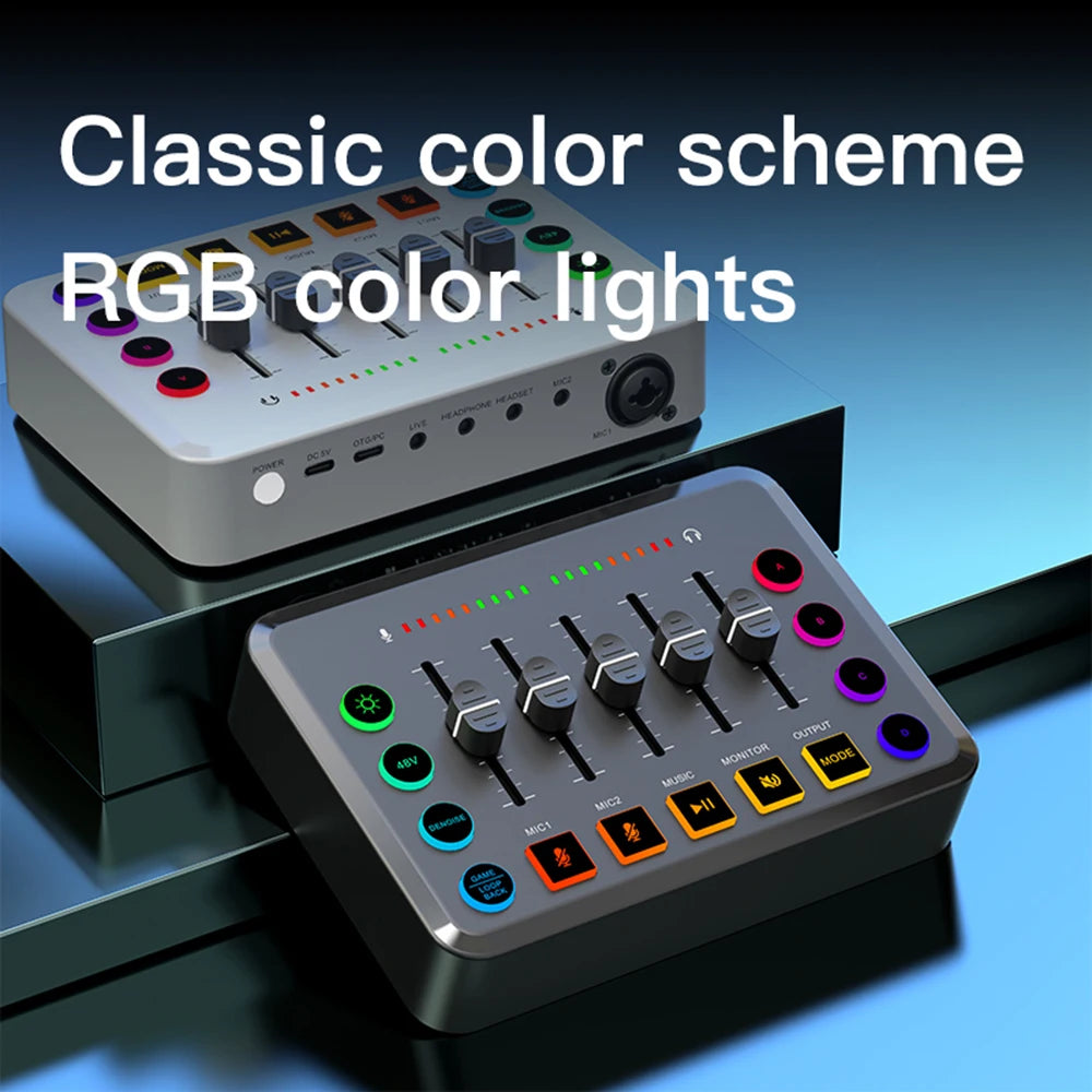 5-Channel RGB Gaming Audio Mixer with XLR Microphone Interface for Live Streaming and Podcasting