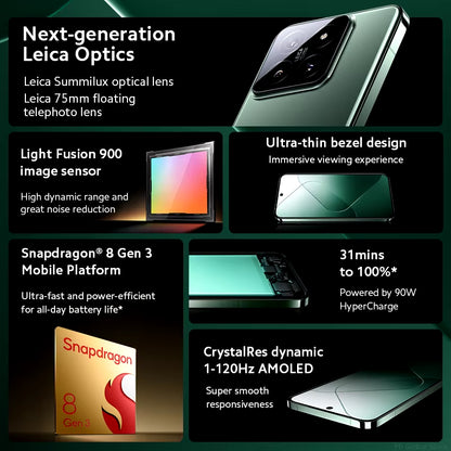 14 Global Version Smartphone with 256GB/512GB Storage, 120Hz 6.36" AMOLED Display, Snapdragon 8 Gen 3, 50MP Leica Camera, 90W Hypercharge