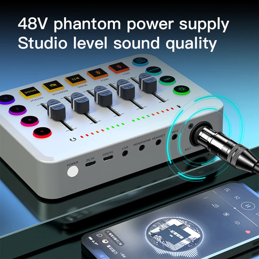 5-Channel RGB Gaming Audio Mixer with XLR Microphone Interface for Live Streaming and Podcasting