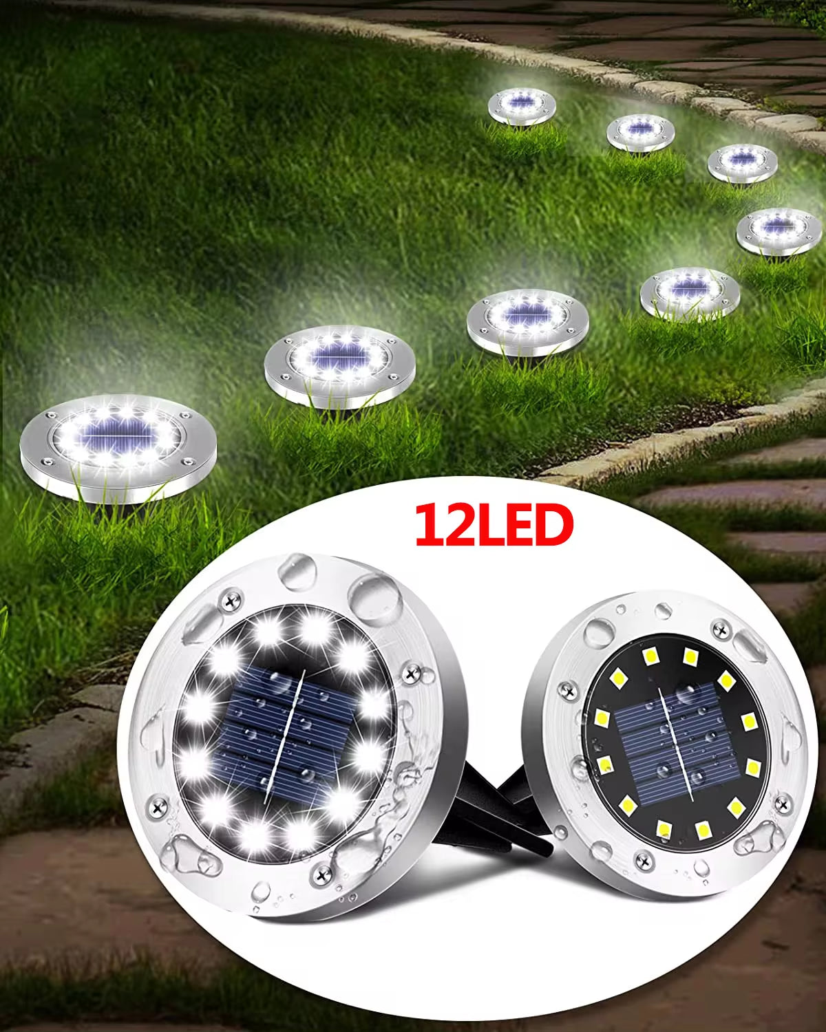 Professional Solar Ground Lights for Outdoor Decoration, 12 LED Waterproof Solar Disk Lights for Gardens, Pathways, Lawns, and Patios