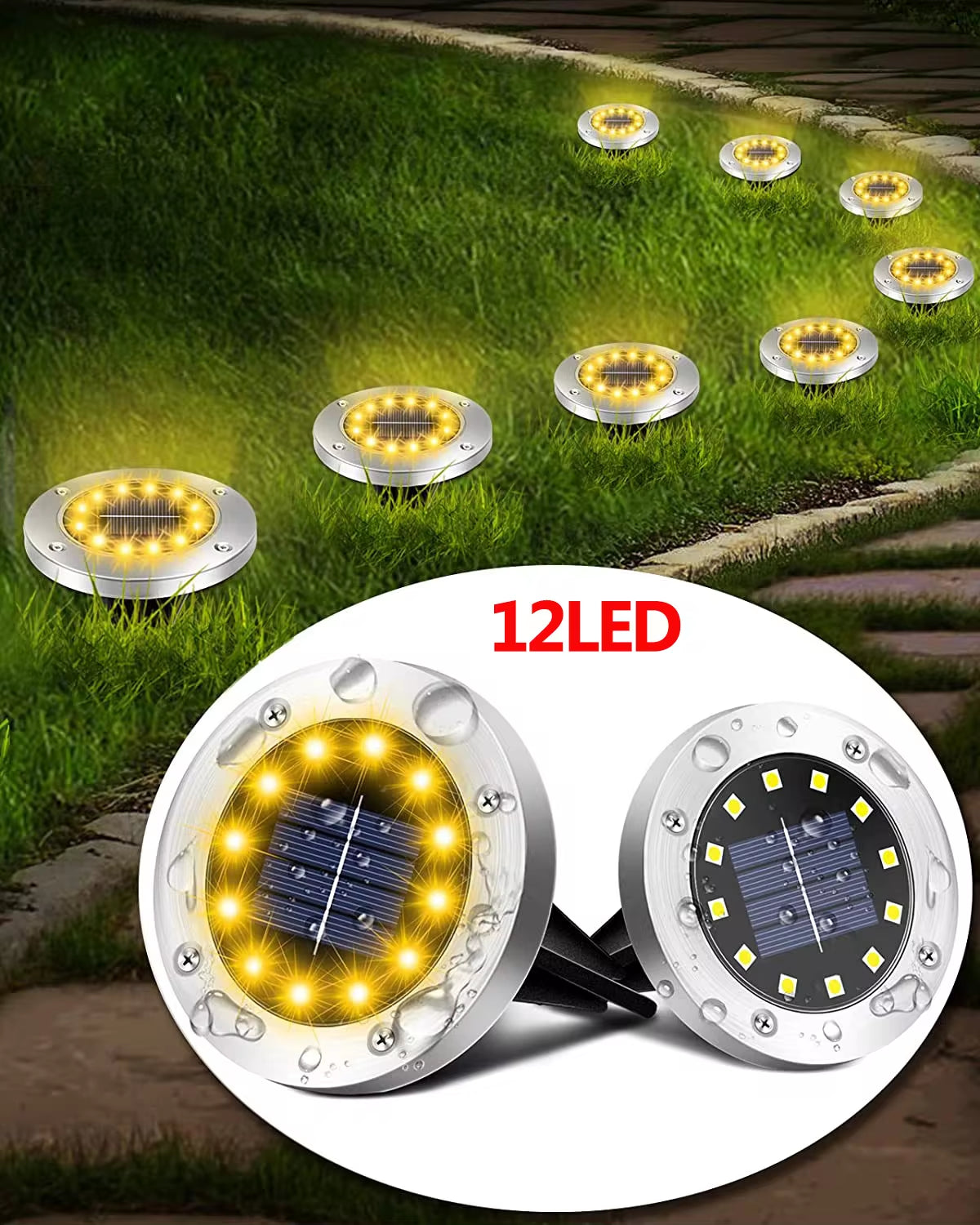 Professional Solar Ground Lights for Outdoor Decoration, 12 LED Waterproof Solar Disk Lights for Gardens, Pathways, Lawns, and Patios